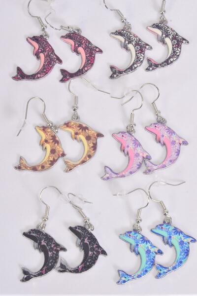 Earrings Dolphin Enamel Color Asst / 12 pair = Dozen Match 25091 Fish Hook , 2 Of each Pattern Asst , Earring Card & OPP Bag & UPC Code