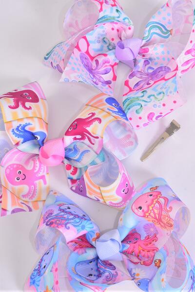  Hair Bow Jumbo Happy Octopus Pattern Mix Grosgrain Bow-tie / 12 pcs Bow = Dozen 1 items Alligator Clip , Size - 6" x 5" Wide , 4 Of Each Pattern Asst , Clip Strip and UPC Code