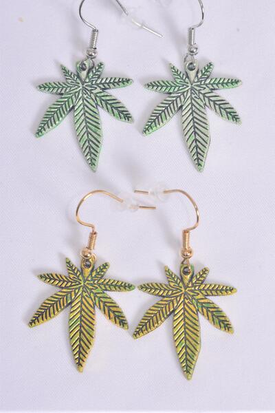 Earrings Cannabis Patina Gold Silver Mix / 12 pair = Dozen Match 70143 Cannabis , Fish Hook , Size - 1" x 0.75" Wide , 6 Gold , 6 Silver Asst , Earring Card & OPP Bag & UPC Code