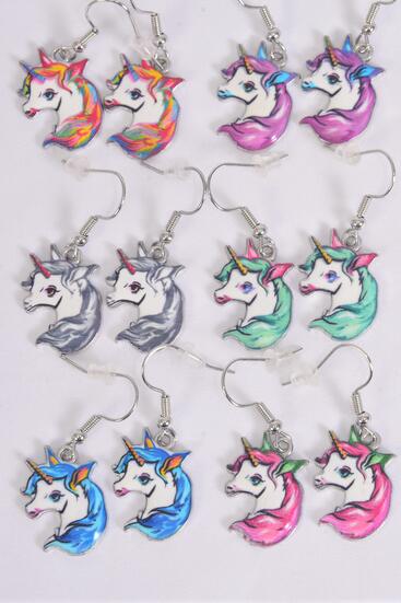 Earrings Unicorn Enamel Color Asst / 12 pair = Dozen match 25016 25119 Fish Hook , 2 Of each Pattern Asst , Earring Card & OPP Bag & UPC Code