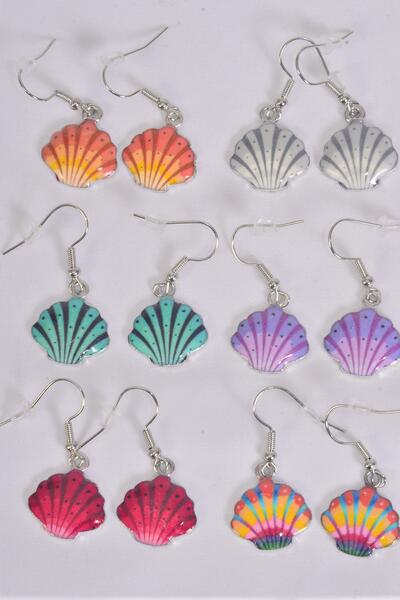 Earrings Shell Enamel Color Asst / 12 pair = Dozen Fish Hook , 2 Of each Pattern Asst , Earring Card & OPP Bag & UPC Code