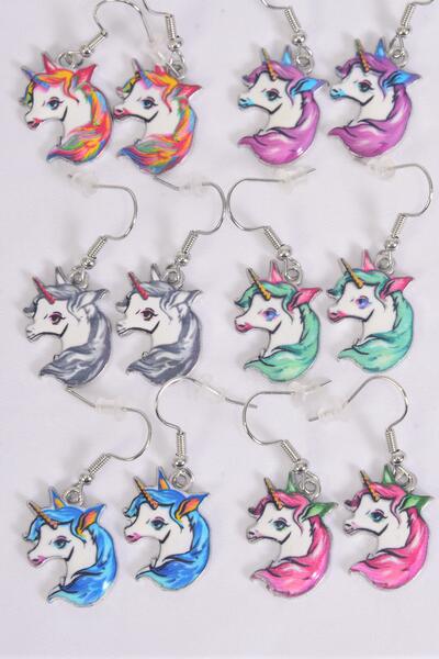 Earrings Unicorn Enamel Color Asst / 12 pair = Dozen match 25016 25119 Fish Hook , 2 Of each Pattern Asst , Earring Card & OPP Bag & UPC Code