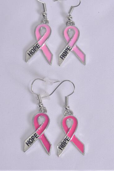 Earrings Metal Pink Ribbon Hope Enamel / 12 pair = Dozen  Fish Hook , Size - 1" x 0.75 Wide , 6 Of Each Pattern Asst , Earring Card & OPP Bag & UPC Code