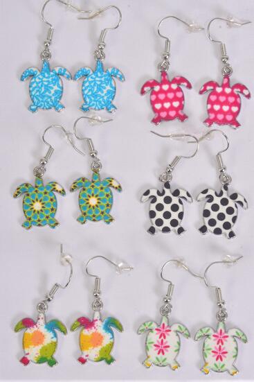 Earrings Turtle Enamel Color Asst / 12 pair = Dozen  Fish Hook , Size - 0.75" Wide , 2 Of each Pattern Asst , Earring Card & OPP Bag & UPC Code