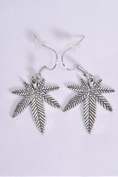 Earrings Cannabis Silver / 12 pair = Dozen match 70145 Cannabis , Fish Hook , Size - 1" x 0.75" Wide , Earring Card & OPP Bag & UPC Code