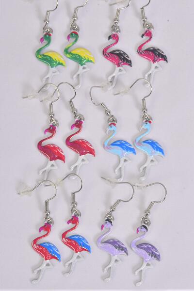 Earrings Flamingo Enamel Color Asst / 12 pair = Dozen match 27801 Multi , Fish Hook , 2 Of each Pattern Asst , Earring Card & OPP Bag & UPC Code