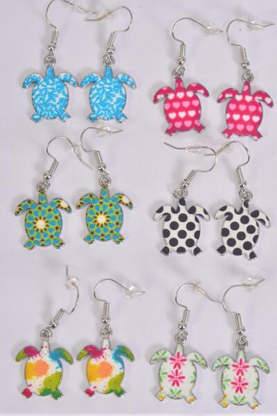 Earrings Turtle Enamel Color Asst / 12 pair = Dozen  Fish Hook , Size - 0.75" Wide , 2 Of each Pattern Asst , Earring Card & OPP Bag & UPC Code