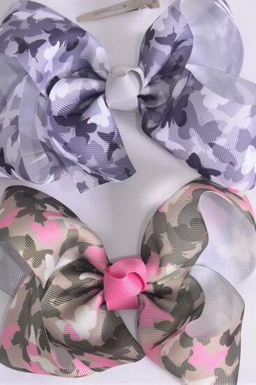 Hair Bow Jumbo Camouflage Butterfly Print Grosgrain Bow-tie Camo / 12 pcs Bow = Dozen Camo , Alligator Clip , Size - 6" x 5" Wide , 6 Of Each Pattern Asst , Hang Tag and UPC Code