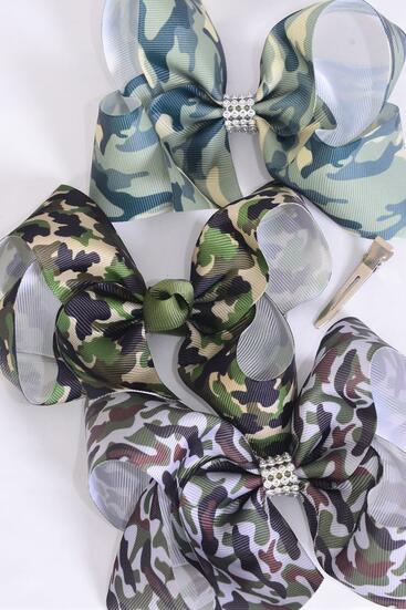Hair Bow Jumbo Camouflage Grosgrain Bow-tie / 12 pcs Bow = Dozen Camo , Alligator Clip , Size - 6" x 5" Wide , 4 Of Each Pattern Asst , Hang Tag & UPC Code