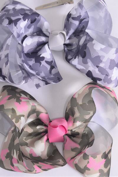Hair Bow Jumbo Camouflage Butterfly Print Grosgrain Bow-tie Camo / 12 pcs Bow = Dozen Camo , Alligator Clip , Size - 6" x 5" Wide , 6 Of Each Pattern Asst , Hang Tag and UPC Code