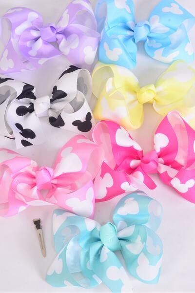 Hair Bow Jumbo Mouse Ear Pastel Grosgrain Bow-tie / 12 pcs Bow = Dozen Alligator Clip , Size - 6" x 5" , 2 White , 2 Baby Pink , 2 Lavender , 2 Hot Pink , 2 Mint Green ,1 Blue, 1 Yellow Color Asst , Clip Strip & UPC Code
