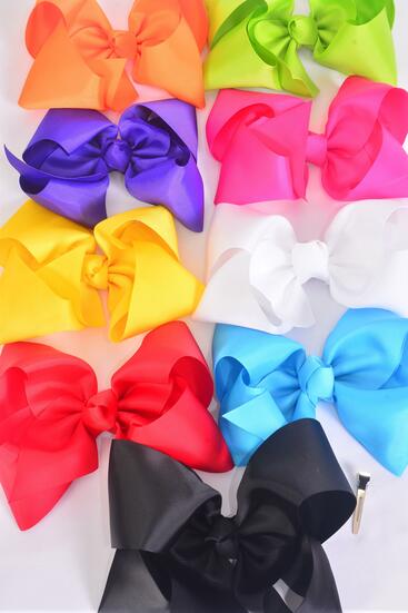 Hair Bow Extra Jumbo Cheer Type Bow Multi Grosgrain Bow-tie / 12 pcs Bow = Dozen Alligator Clip , Size - 8" x 7" , 2 Black , 2 White , 2 Fuchsia , 1 Yellow , 1 Red , 1 Blue , 1 Purple , 1 Lime , 1 Orange Mix , Clip Strip & UPC Code