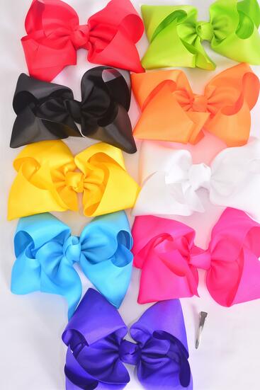 Hair Bow Extra Jumbo Cheer Type Bow Multi Grosgrain Bow-tie / 12 pcs Bow = Dozen Alligator Clip , Size - 8" x 7" , 2 Black , 2 White , 2 Fuchsia , 1 Yellow , 1 Red , 1 Blue , 1 Purple , 1 Lime , 1 Orange Mix , Clip Strip & UPC Code