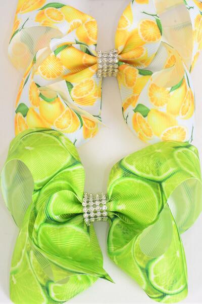 Hair Bow Jumbo Lemon Lime Mix Grosgrain Bow-tie / 12 pcs Bow = Dozen Alligator Clip , Size - 6" x 5" Wide , 6 of each Pattern , Clip Strip & UPC Code