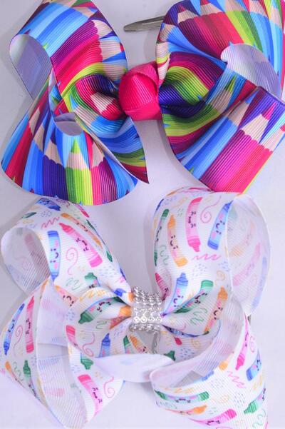 Hair Bow Jumbo Back to School Color Pencil Grosgrain Bow-tie / 12 pcs Bow = Dozen  Alligator Clip , Size - 6" x 5" Wide , 6 Of Each Pattern Asst , Clip Strip & UPC Code
