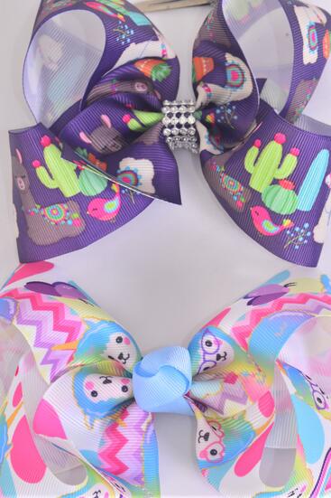 Hair Bow Jumbo Llama Cactus Pattern Mix Grosgrain Bow-tie / 12 pcs Bow = Dozen Alligator Clip , Size - 6" x 5" Wide , 6 Of each Pattern Asst , Clip Strip & UPC Code