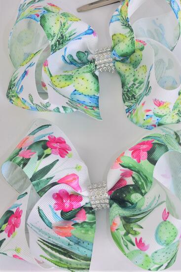 Hair Bow Jumbo Cactus Pattern Mix Grosgrain Bow-tie / 12 pcs Bow = Dozen  Alligator Clip , Size - 6" x 5" Wide , 6 Of each Pattern Asst , Clip Strip & UPC Code