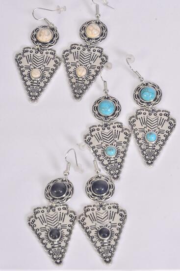 Earrings Metal Antique Western Look Semiprecious Stone / 12 pair = Dozen Fish Hook , Size - 2" x 1" Wide , 4 Black , 4 Ivory , 4 Turquoise Asst , Earring Card & OPP Bag & UPC Code 