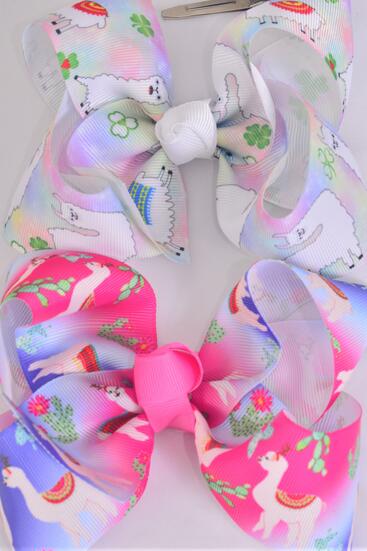 Hair Bow Jumbo Llama Cactus Serape Pattern Mix Grosgrain Bow-tie / 12 pcs Bow = Dozen   Alligator Clip , Size - 6" x 5" Wide , 6 Of each Pattern Asst , Clip Strip & UPC Code