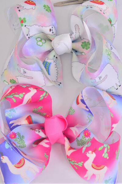 Hair Bow Jumbo Llama Cactus Serape Pattern Mix Grosgrain Bow-tie / 12 pcs Bow = Dozen   Alligator Clip , Size - 6" x 5" Wide , 6 Of each Pattern Asst , Clip Strip & UPC Code