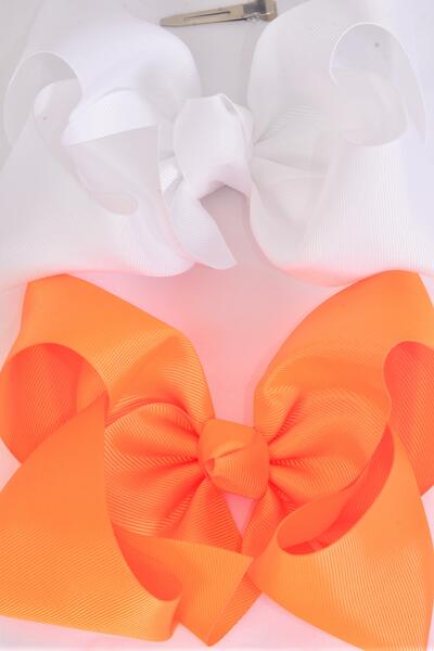 Hair Bow Extra Jumbo Cheer Type Bow Orange White Mix Grosgrain Bow-tie /12 pcs Bow = Dozen   Alligator Clip , Size - 8" x 7" Wide , 6 Orange , 6 White Color Asst , Clip Strip & UPC Code