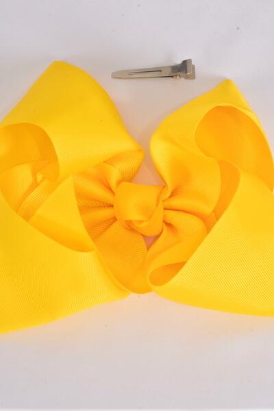 Hair Bow Extra Jumbo Cheer Type Bow Daffodil Yellow Grosgrain Bow-tie / 12 pcs Bow = Dozen Daffodil Yellow , Size - 8" x 7" Wide , Alligator Clip Strip & UPC Code