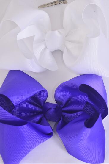 Hair Bow Extra Jumbo Cheer Type Bow Purple White Mix Grosgrain Bow-tie /12 pcs Bow = Dozen Alligator Clip , Size - 8" x 7" Wide ,  6 Purple , 6  White Color Asst , Clip Strip & UPC Code