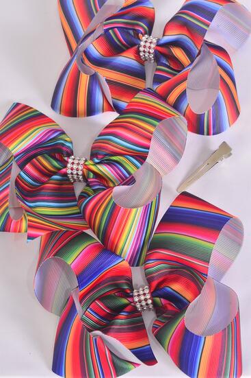 Hair Bow Jumbo Serape Pattern Mix Grosgrain Bow-tie / 12 pcs Bow = Dozen Alligator Clip , Size - 6" x 5" Wide , 4 Of Each Pattern Asst , Clip Strip & UPC Code