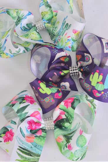Hair Bow Jumbo Llama Cactus Grosgrain Bow-tie /  12 pcs Bow = Dozen  Alligator Clip , Size - 6" x 5" Wide , 6 Of Each Pattern Asst , Clip Strip & UPC Code