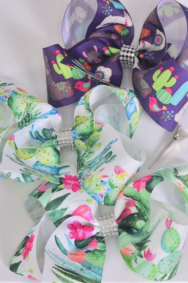 Hair Bow Jumbo Llama Cactus Grosgrain Bow-tie /  12 pcs Bow = Dozen  Alligator Clip , Size - 6" x 5" Wide , 6 Of Each Pattern Asst , Clip Strip & UPC Code