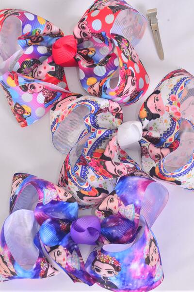 Hair Bow Jumbo Latina Artist Grosgrain Bow-tie / 12 pcs Bow = Dozen Alligator Clip , Size - 6" x 5" Wide , 4 Of Each Pattern Asst , Clip Strip & UPC Code