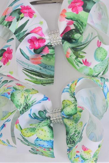 Hair Bow Jumbo Cactus Pattern Mix Grosgrain Bow-tie / 12 pcs Bow = Dozen  Alligator Clip , Size - 6" x 5" Wide , 6 Of each Pattern Asst , Clip Strip & UPC Code