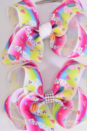 Hair Bow Jumbo Llama Grosgrain Bow-tie / 12 pcs Bow = Dozen llama , Alligator Clip , Size - 6" x 5" Wide , 6 Of each Pattern Asst , Clip Strip & UPC Code