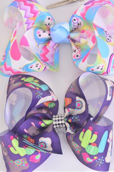 Hair Bow Jumbo Llama Cactus Pattern Mix Grosgrain Bow-tie / 12 pcs Bow = Dozen Alligator Clip , Size - 6" x 5" Wide , 6 Of each Pattern Asst , Clip Strip & UPC Code