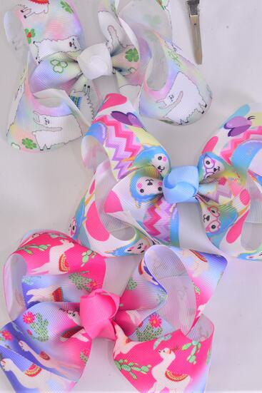 Hair Bow Jumbo Llama Grosgrain Bow-tie / 12 pcs Bow = Dozen Llama , Alligator Clip , Size - 6" x 5" Wide , 4 Of each Pattern Asst , Clip Strip & UPC Code