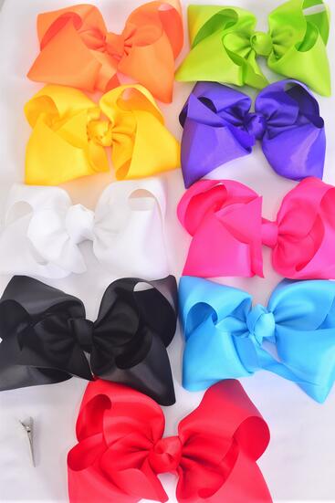 Hair Bow Extra Jumbo Cheer Type Bow Multi Grosgrain Bow-tie / 12 pcs Bow = Dozen Alligator Clip , Size - 8" x 7" , 2 Black , 2 White , 2 Fuchsia , 1 Yellow , 1 Red , 1 Blue , 1 Purple , 1 Lime , 1 Orange Mix , Clip Strip & UPC Code