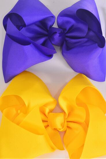 Hair Bow Extra Jumbo Cheer Type Bow Purple Yellow Mix Grosgrain Bow-tie / 12 pcs Bow = Dozen Alligator Clip , Size - 8 x 7" Wide , 6 Purple , 6 Daffodil Yellow Color Asst , Clip Strip & UPC Code