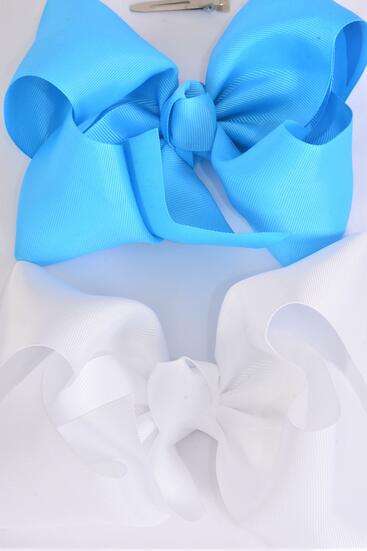 Hair Bow Extra Jumbo Cheer Type Bow Turquoise White Color Mix Grosgrain Bow-tie / 12 pcs Bow = Dozen Alligator Clip , Size - 8" x 7" Wide , , 6 Turquoise , 6 White Color Asst , Clip Strip & UPC Code