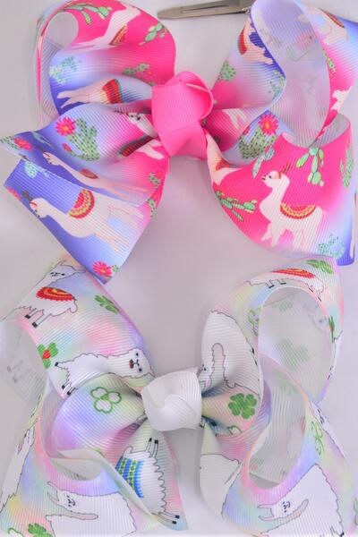 Hair Bow Jumbo Llama Cactus Serape Pattern Mix Grosgrain Bow-tie / 12 pcs Bow = Dozen   Alligator Clip , Size - 6" x 5" Wide , 6 Of each Pattern Asst , Clip Strip & UPC Code