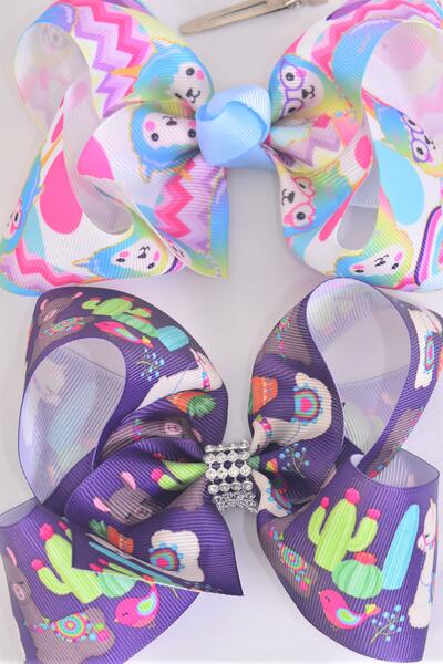 Hair Bow Jumbo Llama Cactus Pattern Mix Grosgrain Bow-tie / 12 pcs Bow = Dozen Alligator Clip , Size - 6" x 5" Wide , 6 Of each Pattern Asst , Clip Strip & UPC Code