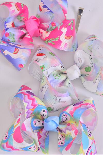 Hair Bow Jumbo Llama Grosgrain Bow-tie / 12 pcs Bow = Dozen Llama , Alligator Clip , Size - 6" x 5" Wide , 4 Of each Pattern Asst , Clip Strip & UPC Code