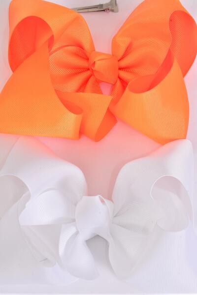 Hair Bow Jumbo Orange White Mix Grosgrain Bow-tie / 12 pcs Bow = Dozen  Alligator Clip , Size - 6" x 5" Wide , 6 Orange , 6 White Mix , Clip Strip & UPC Code