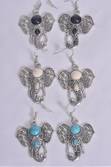 Earrings Metal Antique Elephant Semiprecious Stone / 12 pair = Dozen  match 70010 25651 Fish Hook , Size - 1.25" x 1.25" Wide , 4 Black , 4 Ivory  , 4 Turquoise Asst , Earring Card & OPP Bag & UPC Code 