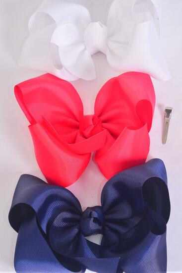 Hair Bow Extra Jumbo Cheer Type Bow Red White Navy Mix Grosgrain Bow-tie / 12 pcs Bow = Dozen  Alligator Clip , Size - 8" x 7" Wide , 4 Red , 4 White , 4 Navy Color Asst , Clip Strip & UPC Code