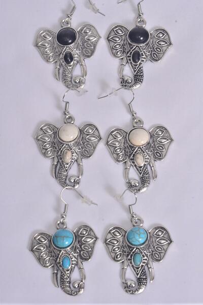 Earrings Metal Antique Elephant Semiprecious Stone / 12 pair = Dozen  match 70010 25651 Fish Hook , Size - 1.25" x 1.25" Wide , 4 Black , 4 Ivory  , 4 Turquoise Asst , Earring Card & OPP Bag & UPC Code 