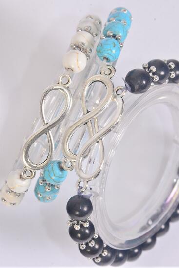 Bracelet Stretch Infinity Symbol 8 mm Semiprecious Stone / 12 pcs = Dozen Stretch , 4 Black , 4 Ivory , 4 Turquoise Asst , Hang Tag & OPP Bag & UPC Code