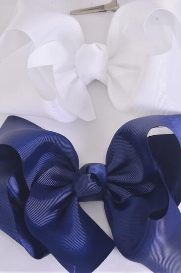 Hair Bow Extra Jumbo Cheer Type Bow Navy White Color Mix Grosgrain Bow-tie / 12 pcs Bow = Dozen  Alligator Clip , Size - 8" x 7" Wide , 6 Navy , 6 White Color Asst , Clip Strip & UPC Code