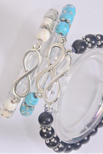 Bracelet Stretch Infinity Symbol 8 mm Semiprecious Stone / 12 pcs = Dozen Stretch , 4 Black , 4 Ivory , 4 Turquoise Asst , Hang Tag & OPP Bag & UPC Code