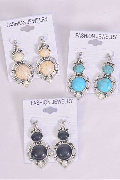 Earrings Metal Antique Dangle Semiprecious Stone / 12 pair = Dozen Fish Hook , Size - 1.5" x 1" Wide , 4 Black , 4 Ivory , 4 Turquoise Asst , Earring Card & OPP Bag & UPC Code -