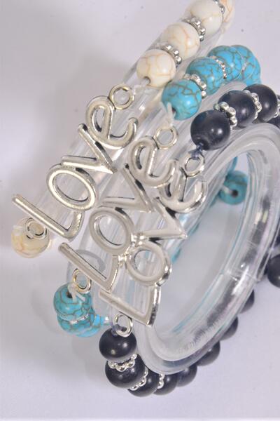 Bracelet Love Words Stretch 8 mm Semiprecious Stone / 12 pcs = Dozen Stretch , 4 Black , 4 Ivory , 4 Turquoise Asst , Hang Tag & OPP Bag & UPC Code